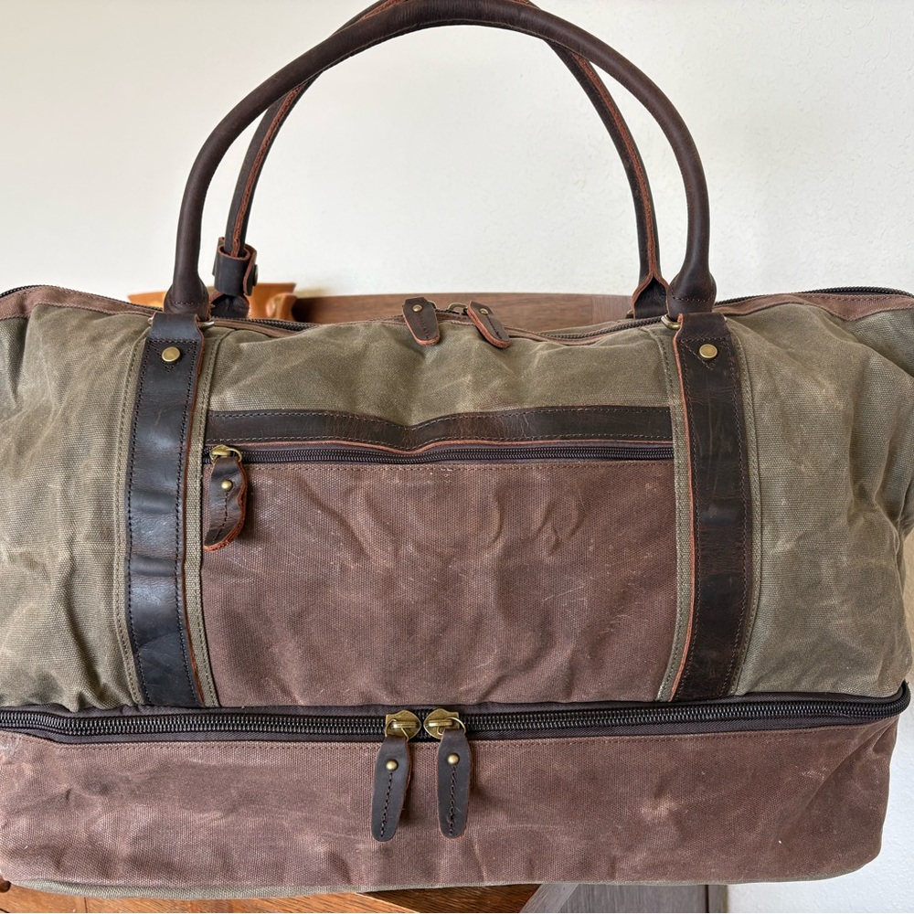Vintage Waxed Canvas Green Duffle Bag Separate Shoe Compartment